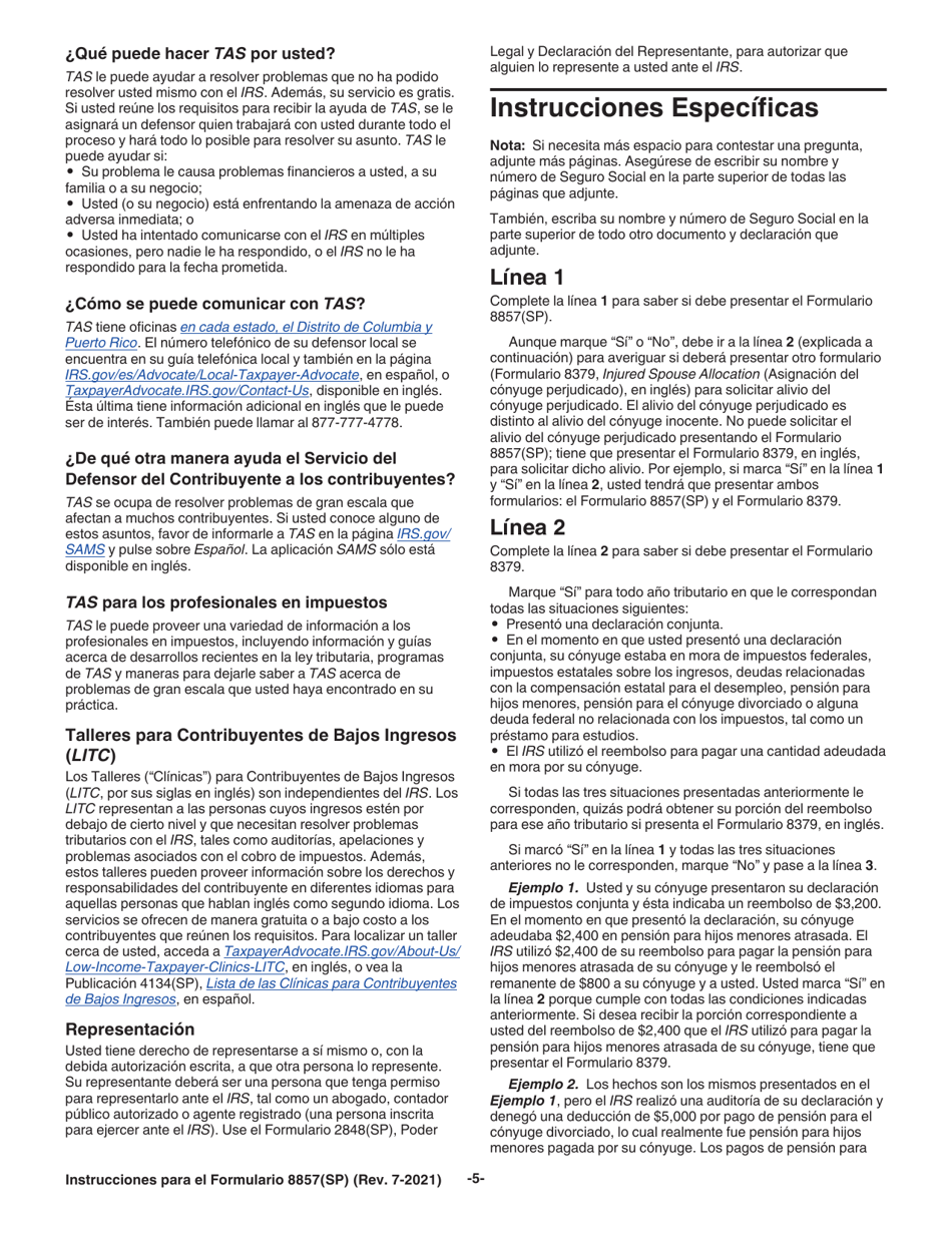 Instrucciones para IRS Formulario 8857(SP) Solicitud Para Alivio Del Conyuge Inocente (Spanish), Page 5