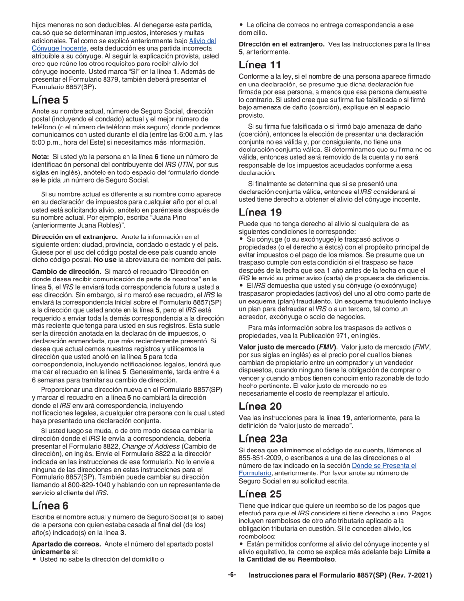 Instrucciones para IRS Formulario 8857(SP) Solicitud Para Alivio Del Conyuge Inocente (Spanish), Page 6