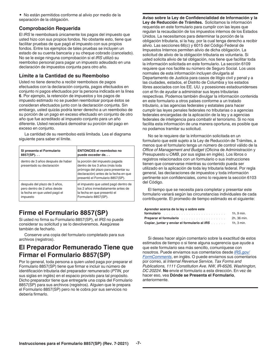Instrucciones para IRS Formulario 8857(SP) Solicitud Para Alivio Del Conyuge Inocente (Spanish), Page 7