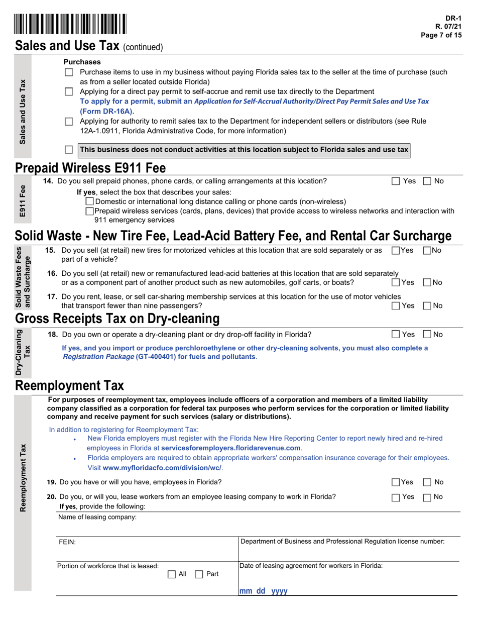 Form DR-1 Florida Business Tax Application - Florida, Page 7