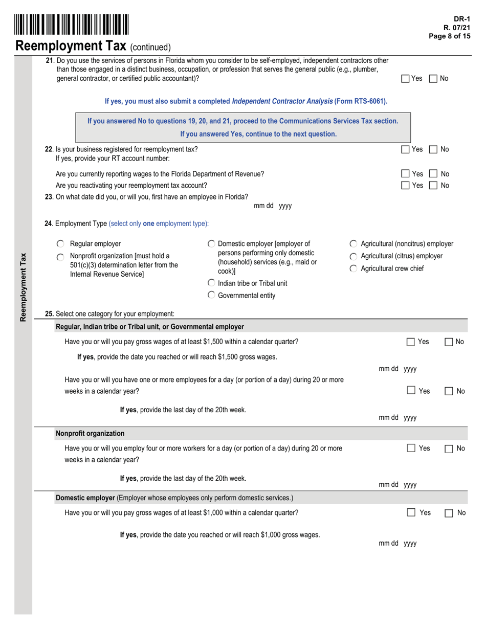 Form DR-1 Florida Business Tax Application - Florida, Page 8