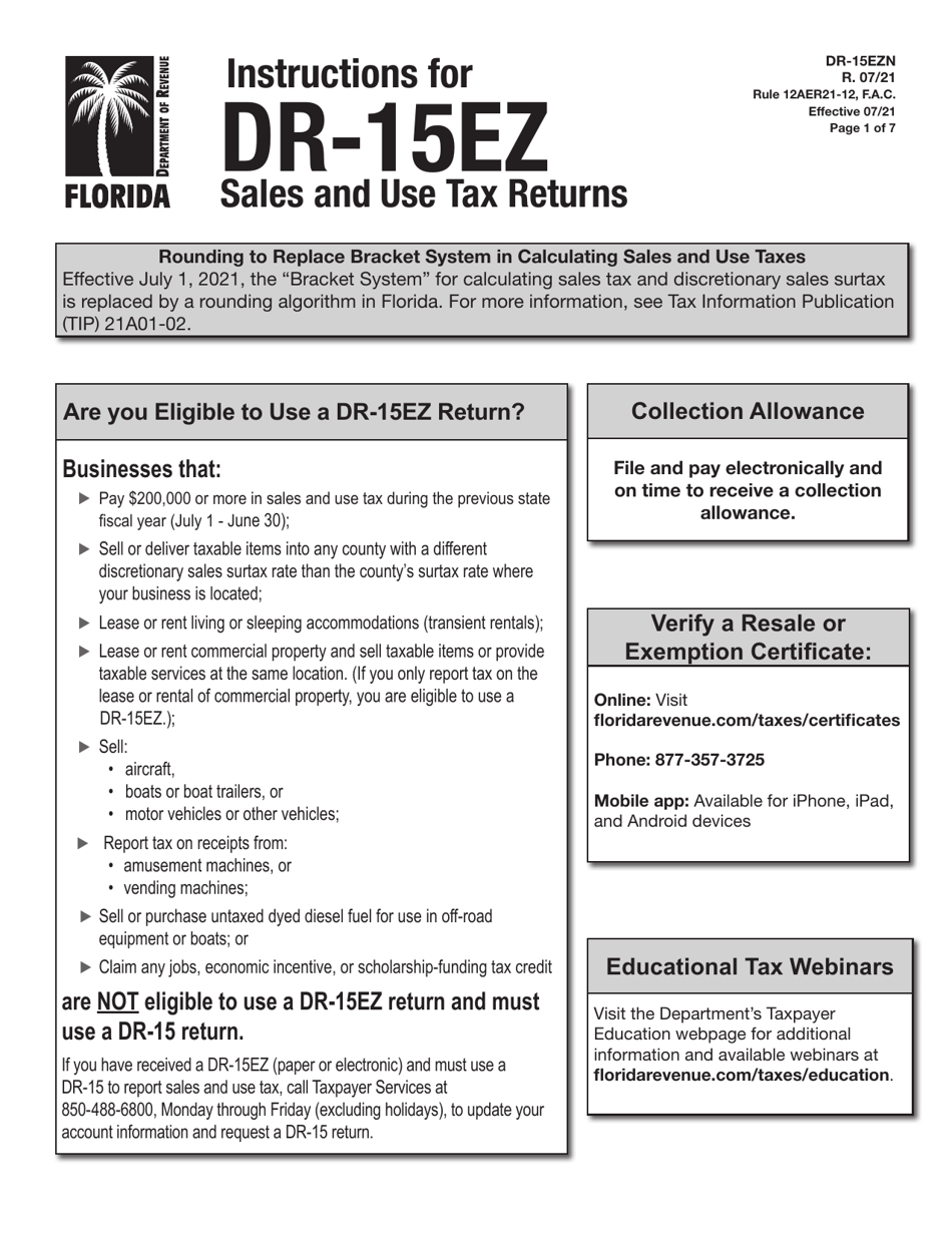 Instructions for Form DR-15EZ Sales and Use Tax Return - Florida, Page 1