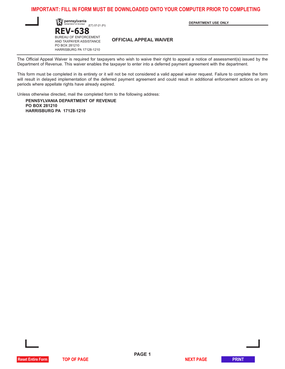 Form REV-638 Official Appeal Waiver - Pennsylvania, Page 1