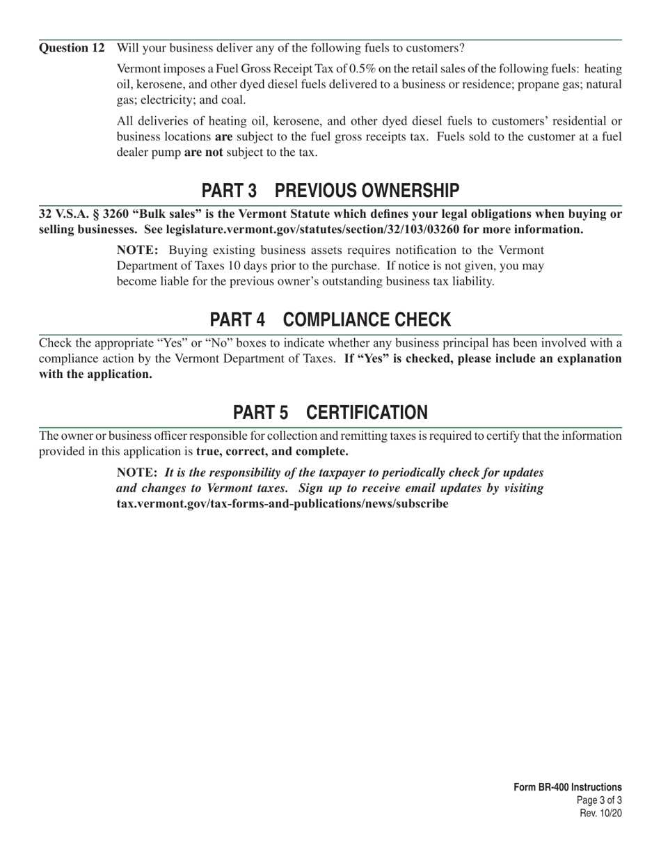 Instructions for VT Form BR-400 Application for Business Tax Account - Vermont, Page 3