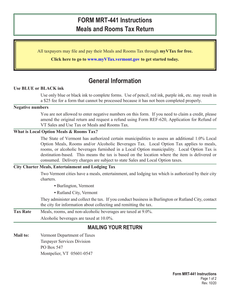 Instructions for VT Form MRT-441 Meals and Rooms Tax Return - Vermont, Page 1