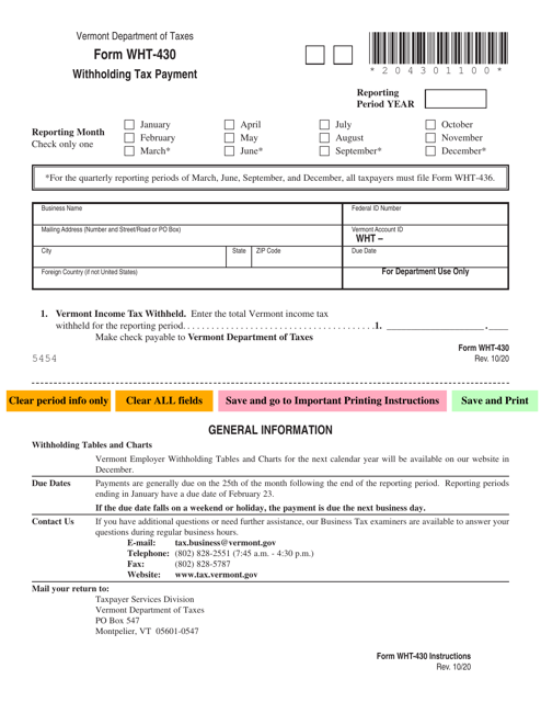 VT Form WHT-430 Withholding Tax Payment - Vermont