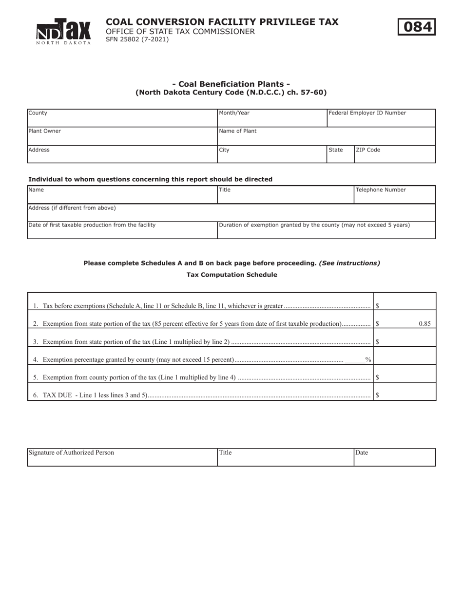 Form SFN25802 Coal Conversion Facility Privilege Tax - Coal Beneficiation Plants - North Dakota, Page 1