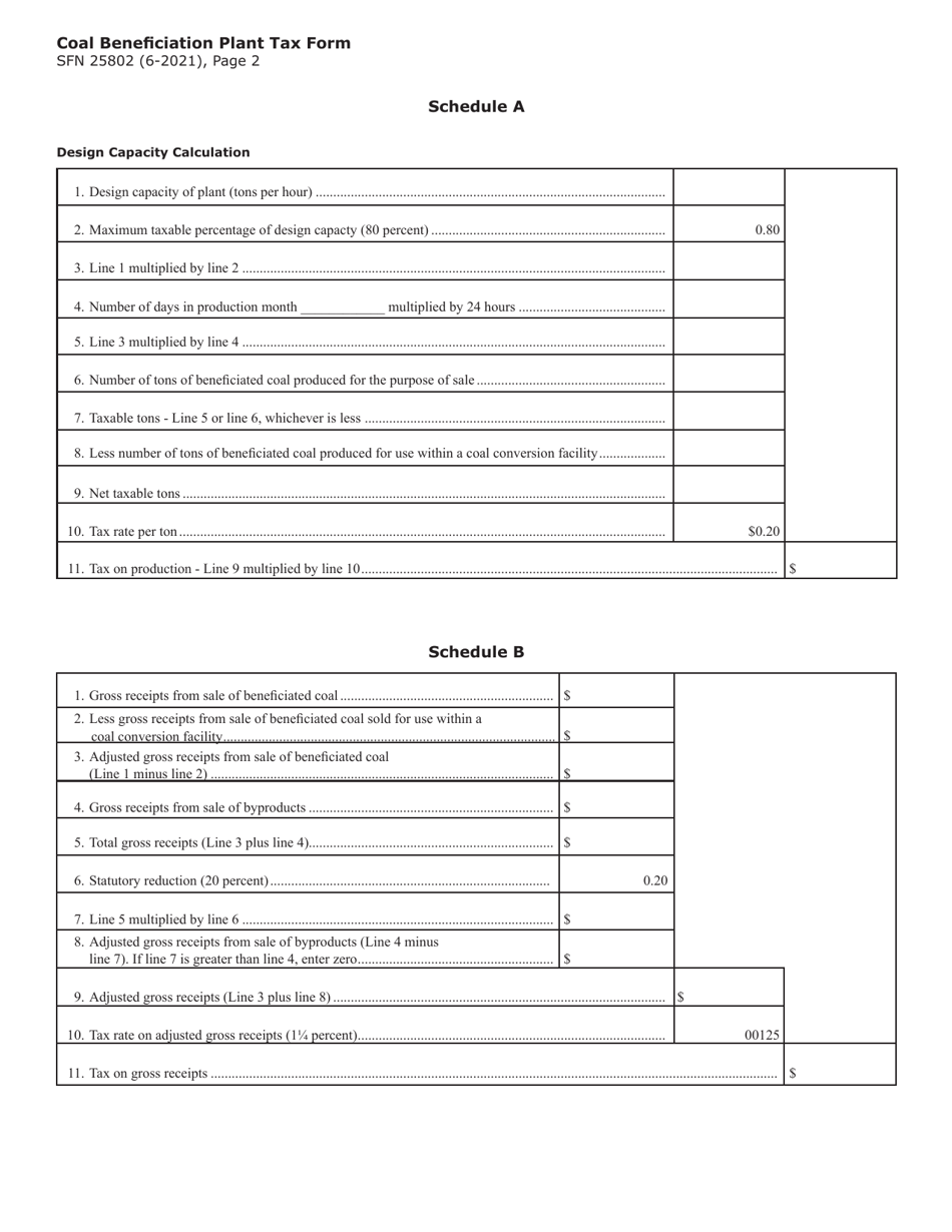 Form SFN25802 Coal Conversion Facility Privilege Tax - Coal Beneficiation Plants - North Dakota, Page 2