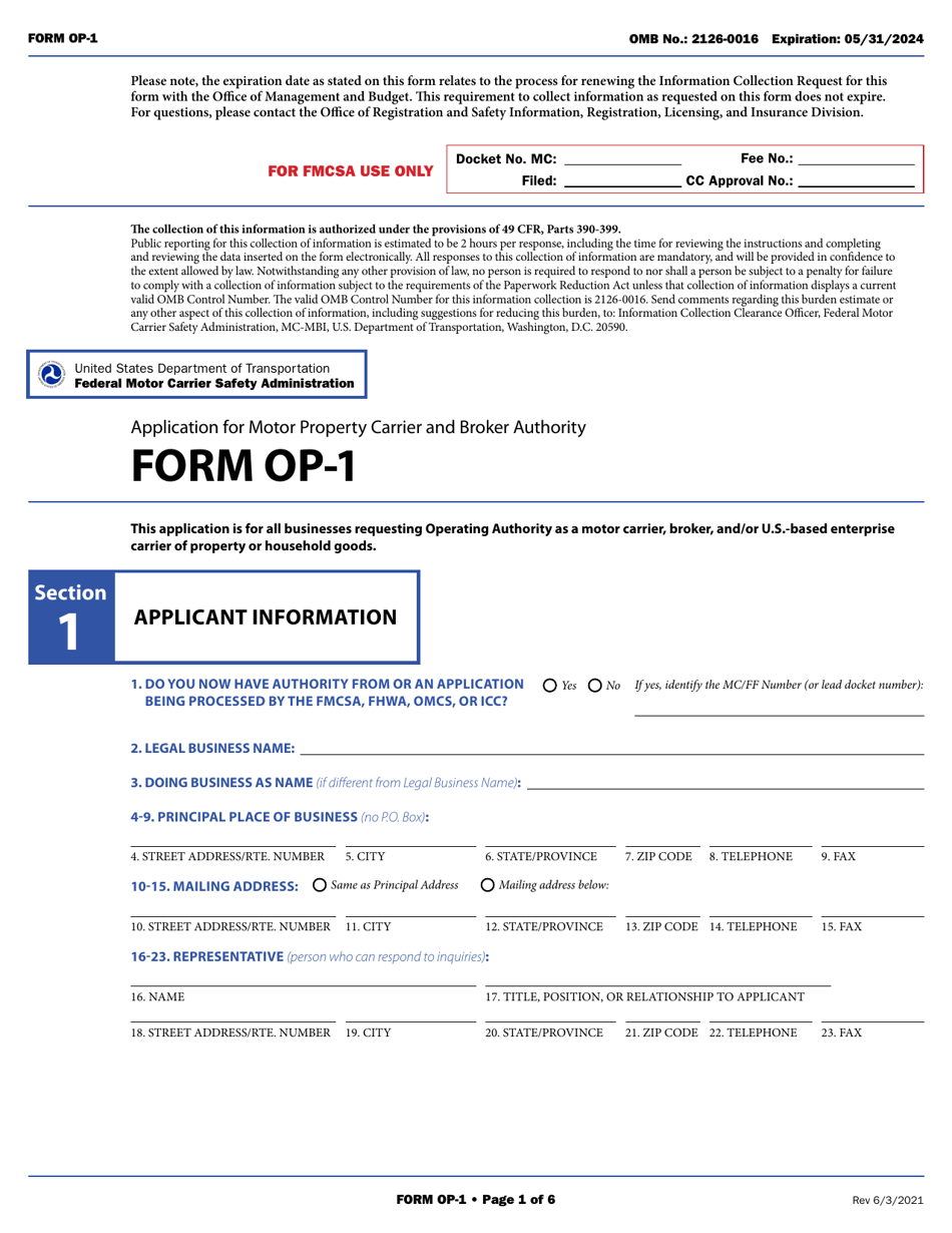 Form OP-1 Application for Motor Property Carrier and Broker Authority, Page 11