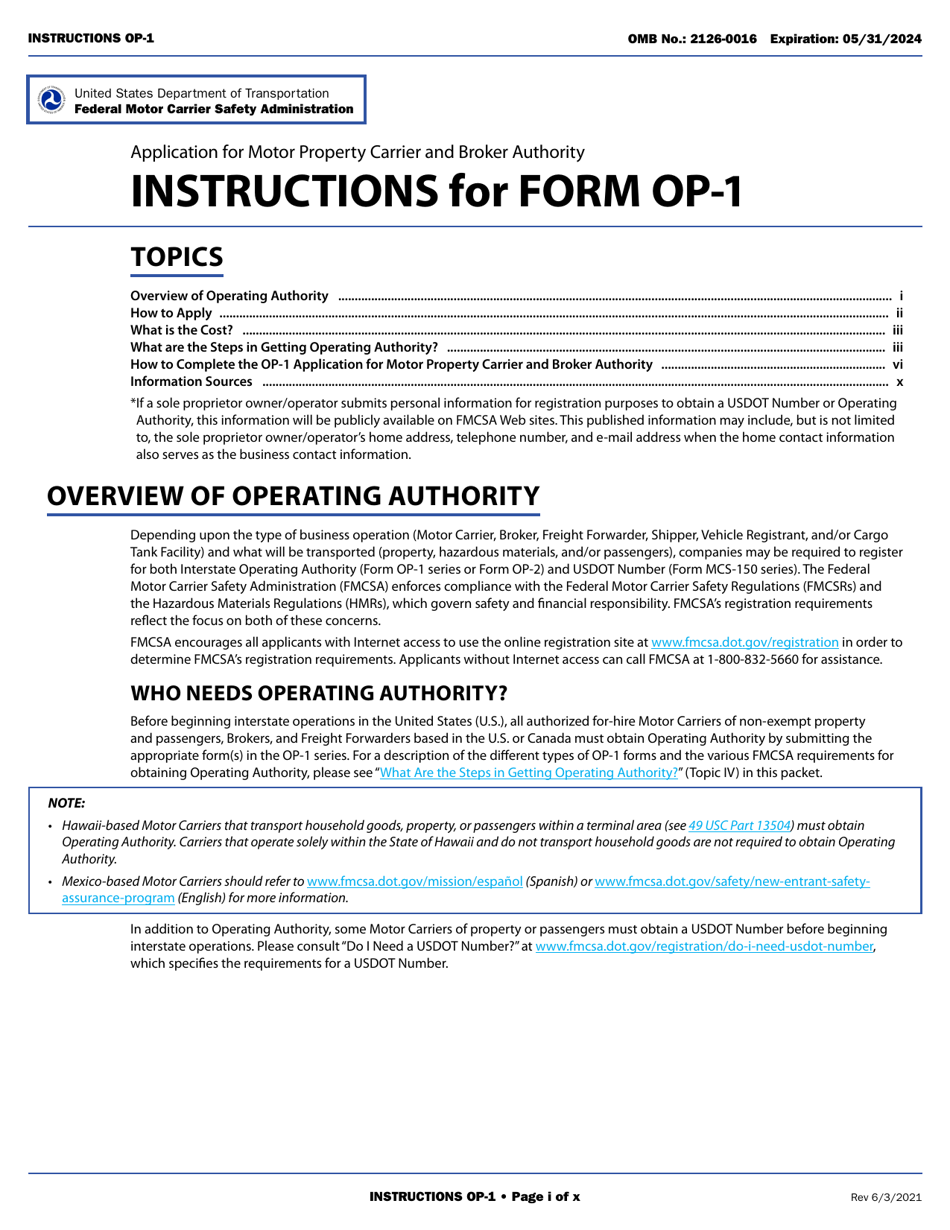 Form OP-1 Application for Motor Property Carrier and Broker Authority, Page 1