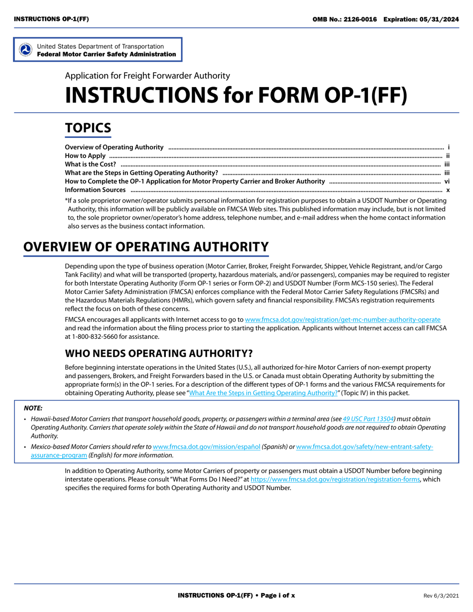 Form OP-1(FF) Application for Freight Forwarder Authority, Page 1