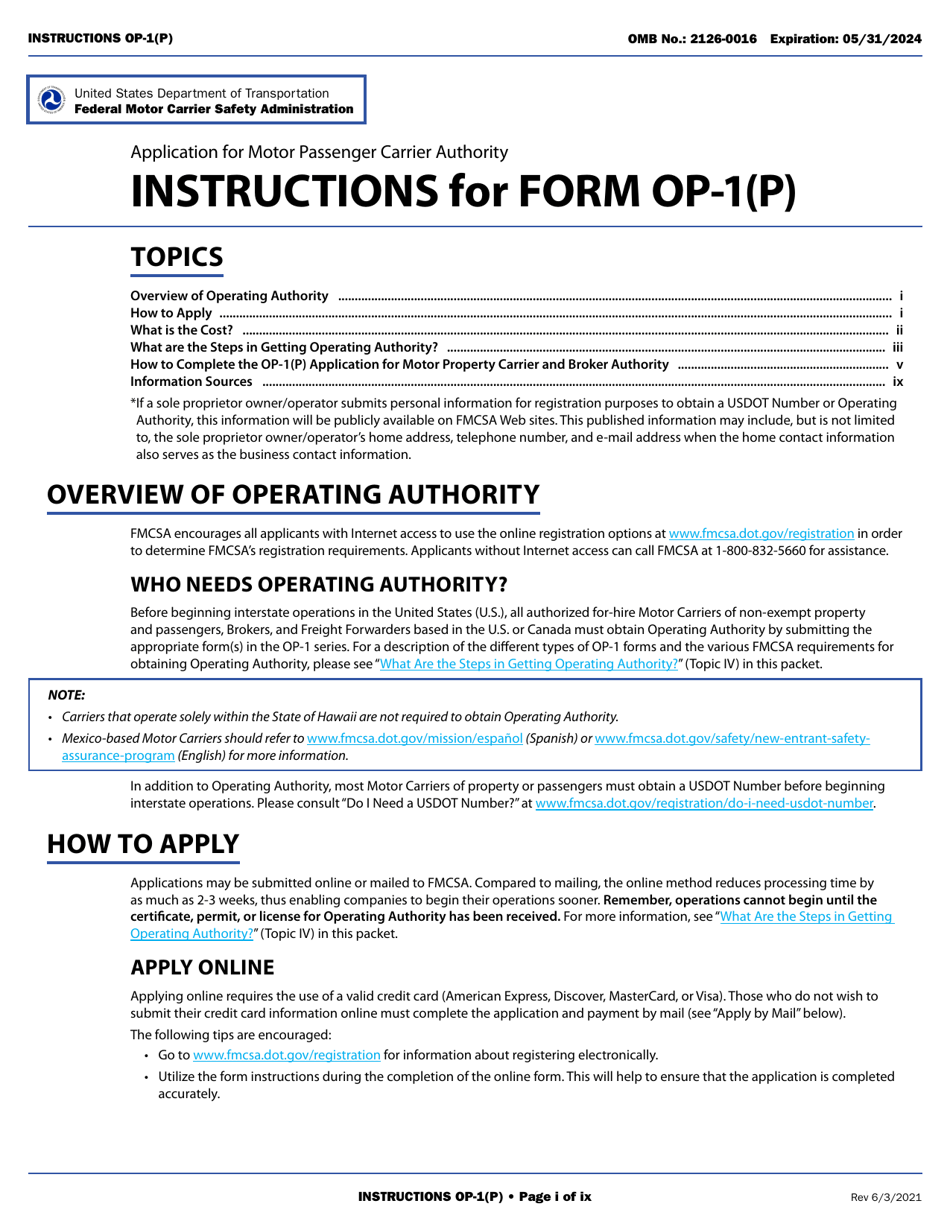 Form OP-1(P) Application for Motor Passenger Carrier Authority, Page 1