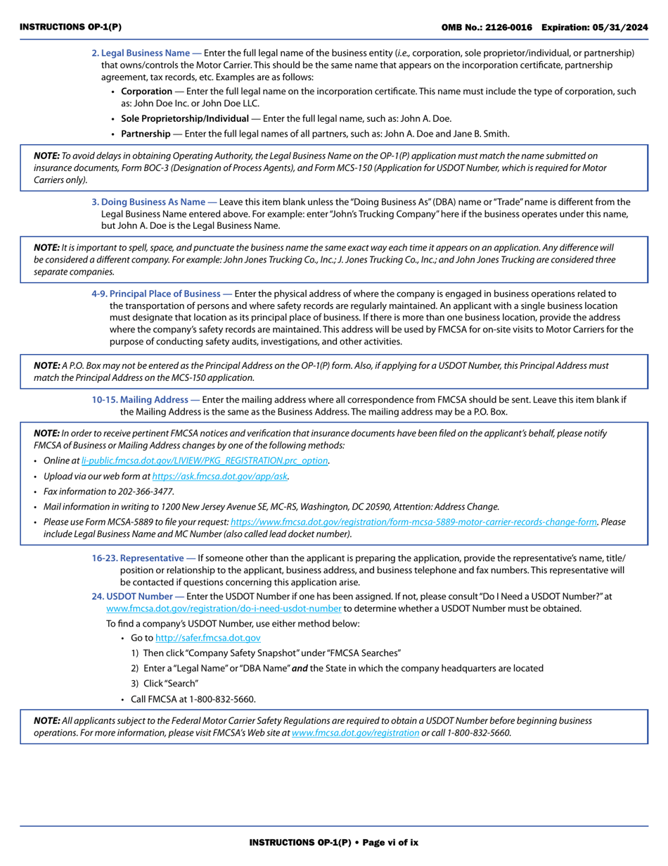 Form OP-1(P) Application for Motor Passenger Carrier Authority, Page 6