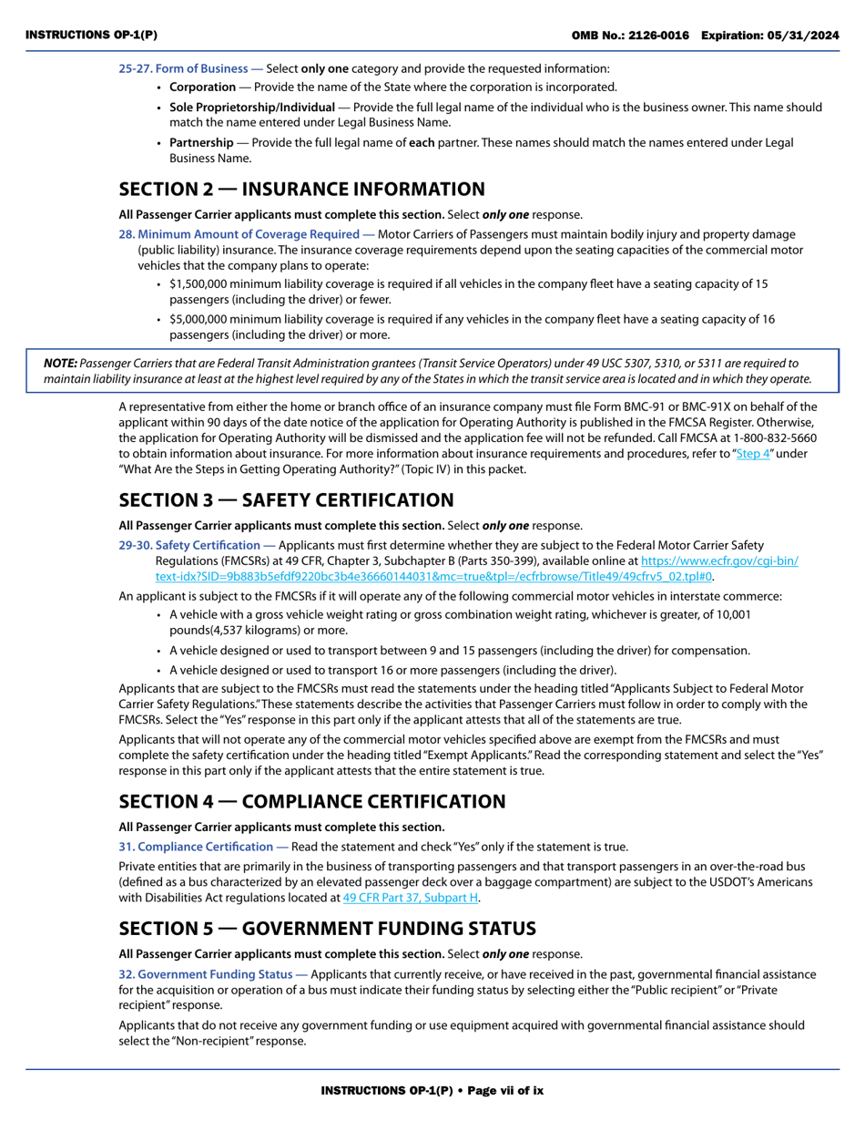 Form OP-1(P) Application for Motor Passenger Carrier Authority, Page 7