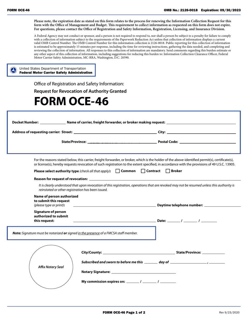 Form OCE-46 Request for Revocation of Authority Granted, Page 1