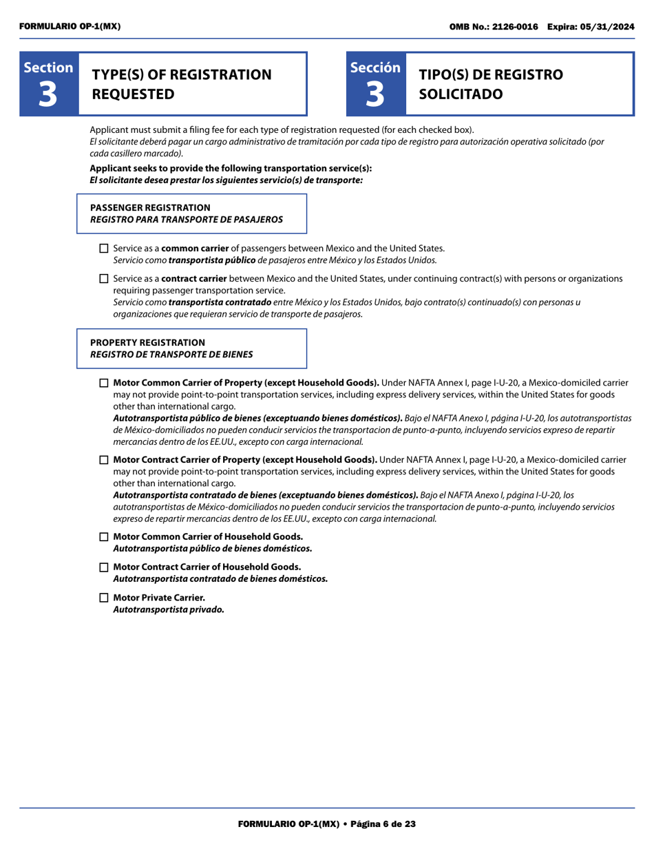 Form OP-1(MX) Application to Register Mexican Carriers for Motor Carrier Authority to Operate Beyond U.S. Municipalities and Commercial Zones on the U.S.- Mexico Border (English / Spanish), Page 11