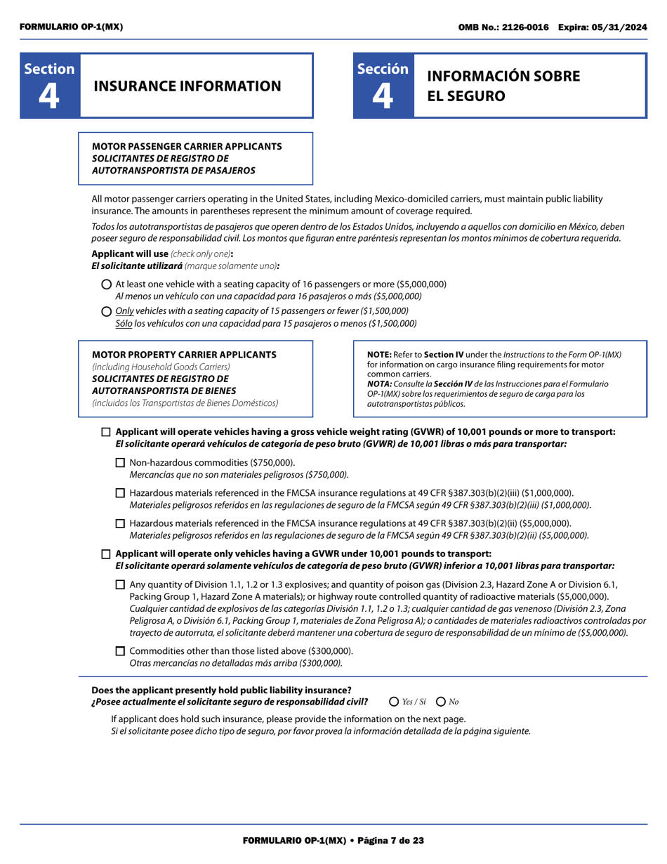 Form OP-1(MX) Application to Register Mexican Carriers for Motor Carrier Authority to Operate Beyond U.S. Municipalities and Commercial Zones on the U.S.- Mexico Border (English / Spanish), Page 12