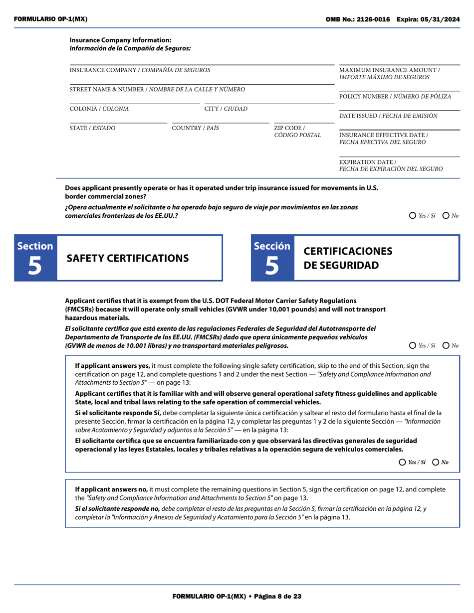 Form OP-1(MX) Application to Register Mexican Carriers for Motor Carrier Authority to Operate Beyond U.S. Municipalities and Commercial Zones on the U.S.- Mexico Border (English / Spanish), Page 13