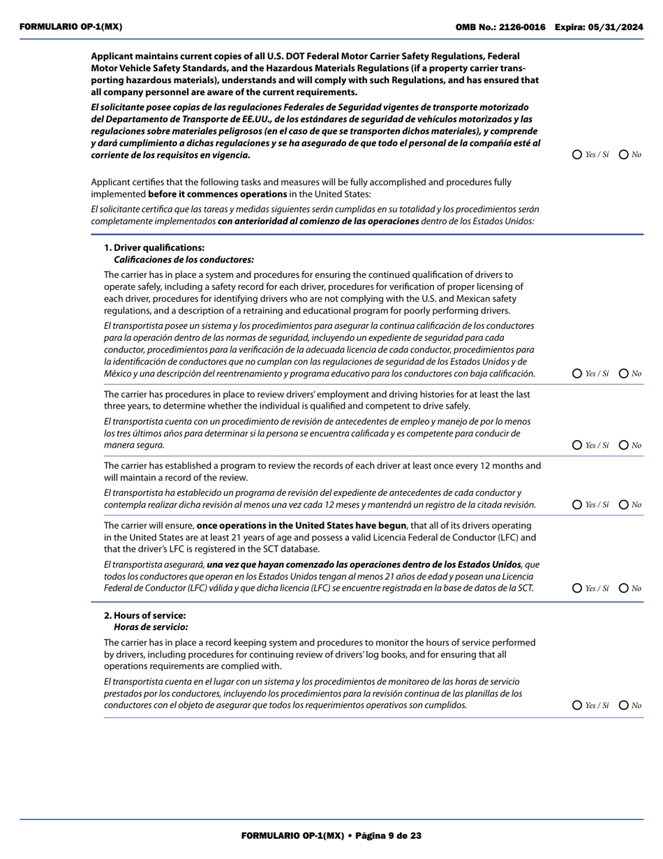 Form OP-1(MX) Application to Register Mexican Carriers for Motor Carrier Authority to Operate Beyond U.S. Municipalities and Commercial Zones on the U.S.- Mexico Border (English / Spanish), Page 14