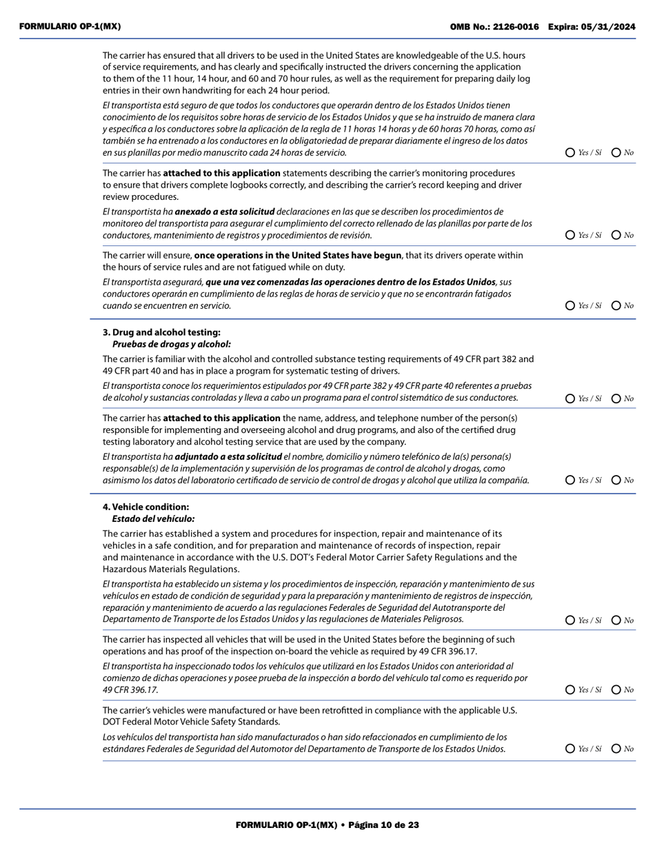 Form OP-1(MX) Application to Register Mexican Carriers for Motor Carrier Authority to Operate Beyond U.S. Municipalities and Commercial Zones on the U.S.- Mexico Border (English / Spanish), Page 15