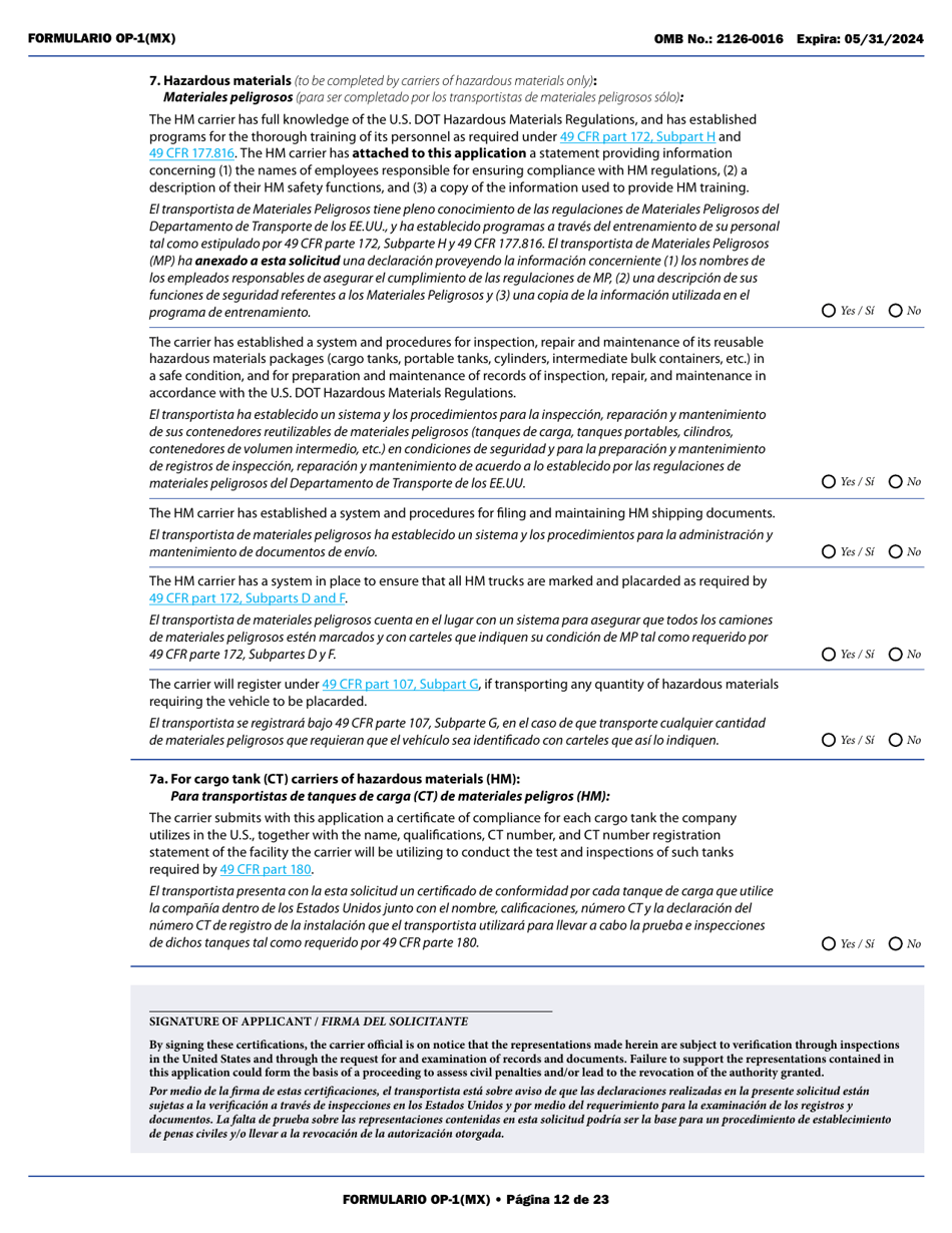 Form OP-1(MX) Application to Register Mexican Carriers for Motor Carrier Authority to Operate Beyond U.S. Municipalities and Commercial Zones on the U.S.- Mexico Border (English / Spanish), Page 17