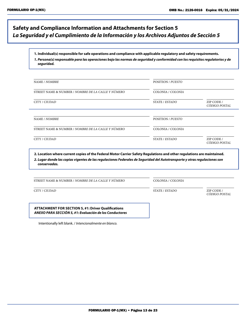 Form OP-1(MX) Application to Register Mexican Carriers for Motor Carrier Authority to Operate Beyond U.S. Municipalities and Commercial Zones on the U.S.- Mexico Border (English / Spanish), Page 18