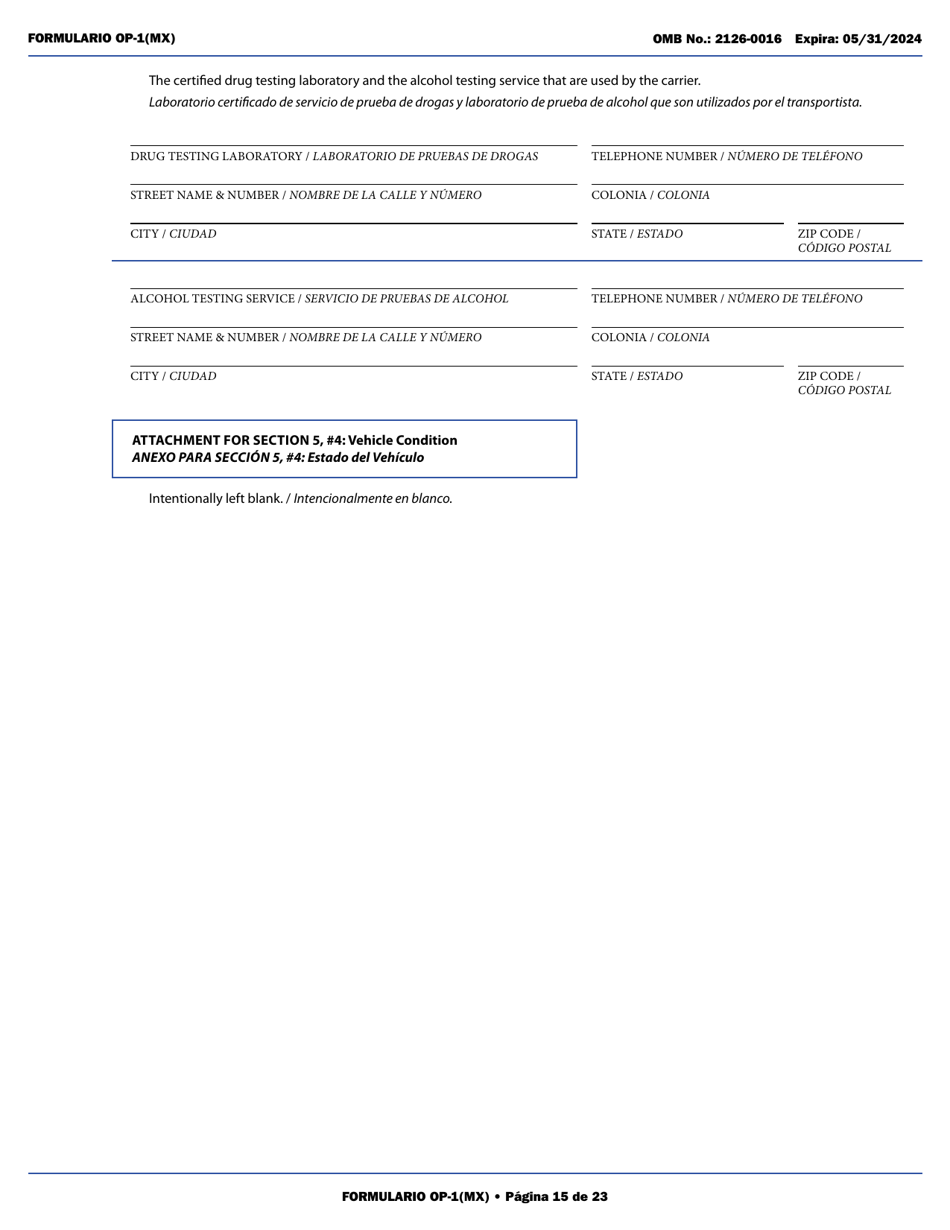 Form OP-1(MX) Application to Register Mexican Carriers for Motor Carrier Authority to Operate Beyond U.S. Municipalities and Commercial Zones on the U.S.- Mexico Border (English / Spanish), Page 20