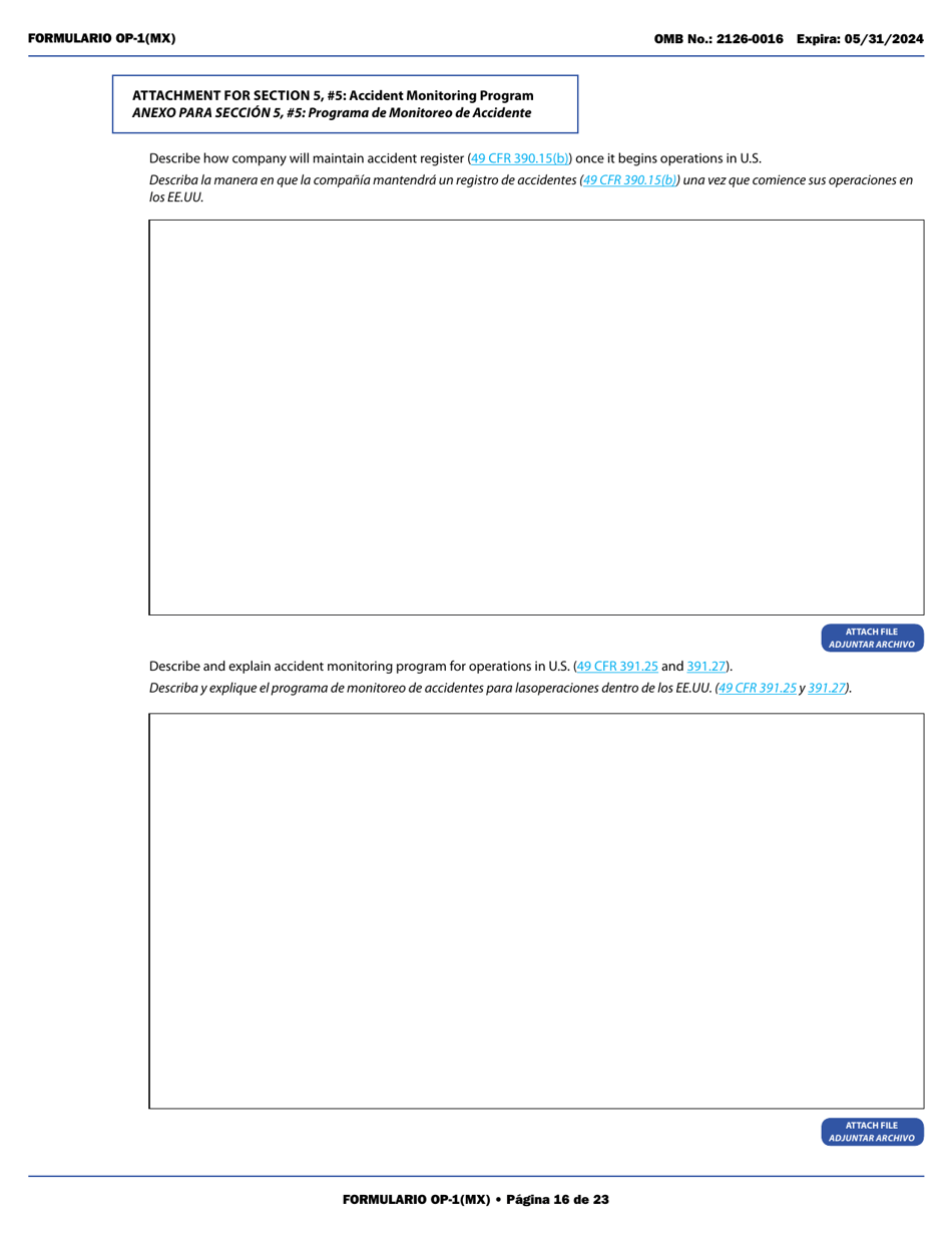 Form OP-1(MX) Application to Register Mexican Carriers for Motor Carrier Authority to Operate Beyond U.S. Municipalities and Commercial Zones on the U.S.- Mexico Border (English / Spanish), Page 21