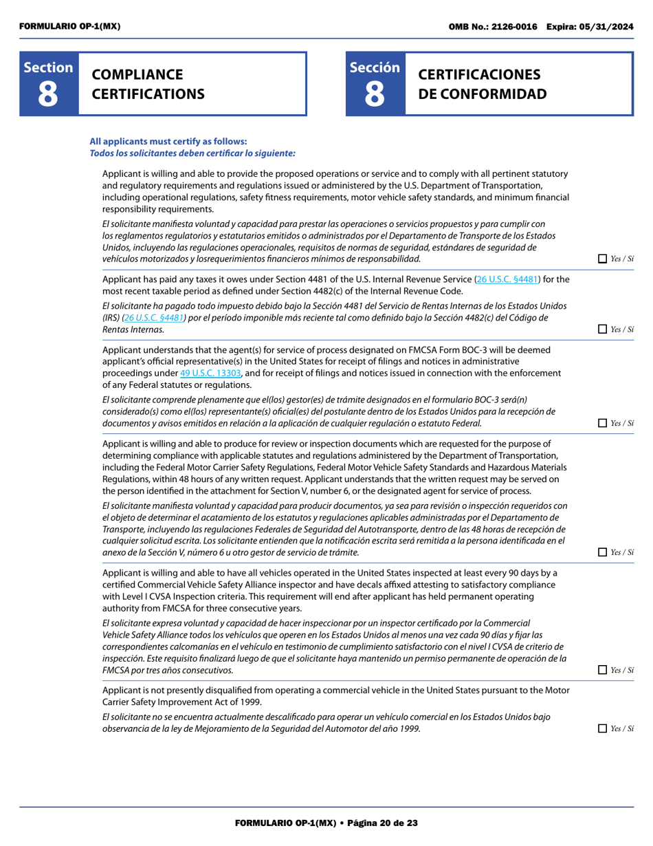 Form OP-1(MX) Application to Register Mexican Carriers for Motor Carrier Authority to Operate Beyond U.S. Municipalities and Commercial Zones on the U.S.- Mexico Border (English / Spanish), Page 25