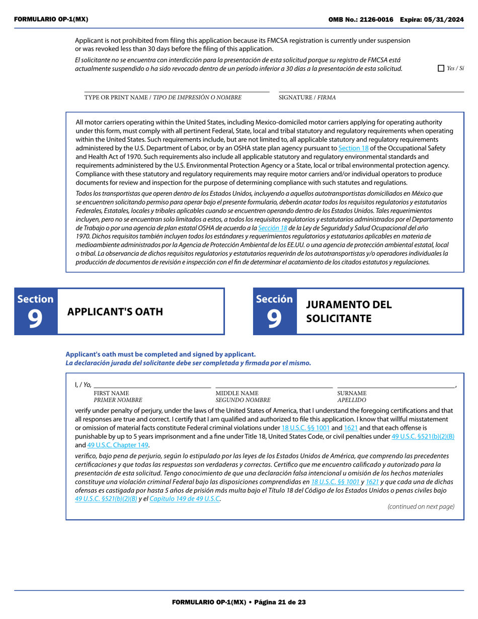 Form OP-1(MX) Application to Register Mexican Carriers for Motor Carrier Authority to Operate Beyond U.S. Municipalities and Commercial Zones on the U.S.- Mexico Border (English / Spanish), Page 26