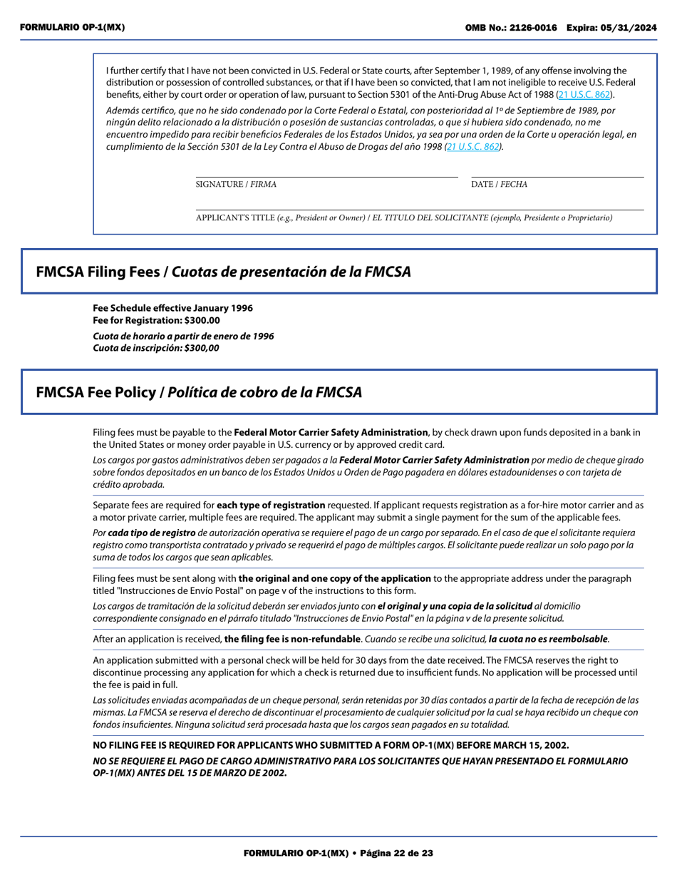 Form OP-1(MX) Application to Register Mexican Carriers for Motor Carrier Authority to Operate Beyond U.S. Municipalities and Commercial Zones on the U.S.- Mexico Border (English / Spanish), Page 27