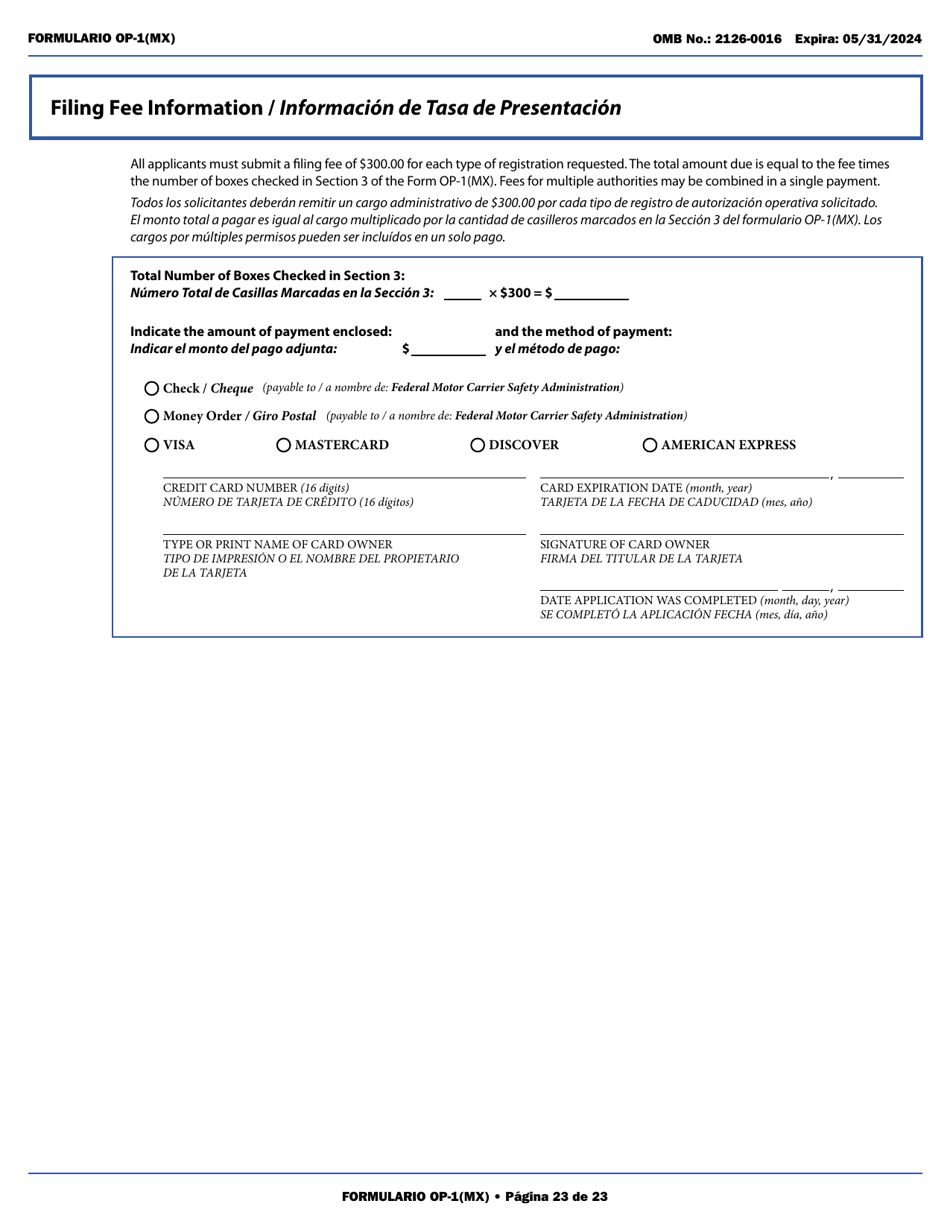 Form OP-1(MX) Application to Register Mexican Carriers for Motor Carrier Authority to Operate Beyond U.S. Municipalities and Commercial Zones on the U.S.- Mexico Border (English / Spanish), Page 28