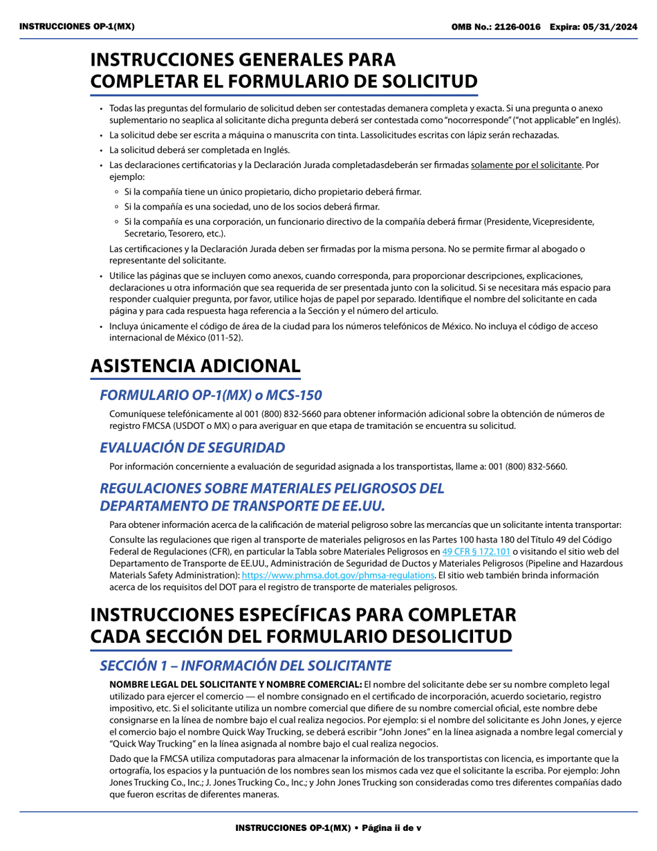 Form OP-1(MX) Application to Register Mexican Carriers for Motor Carrier Authority to Operate Beyond U.S. Municipalities and Commercial Zones on the U.S.- Mexico Border (English / Spanish), Page 2