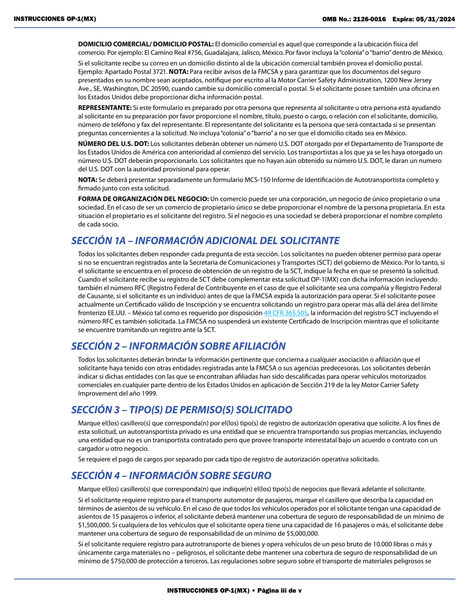 Form OP-1(MX) Application to Register Mexican Carriers for Motor Carrier Authority to Operate Beyond U.S. Municipalities and Commercial Zones on the U.S.- Mexico Border (English / Spanish), Page 3