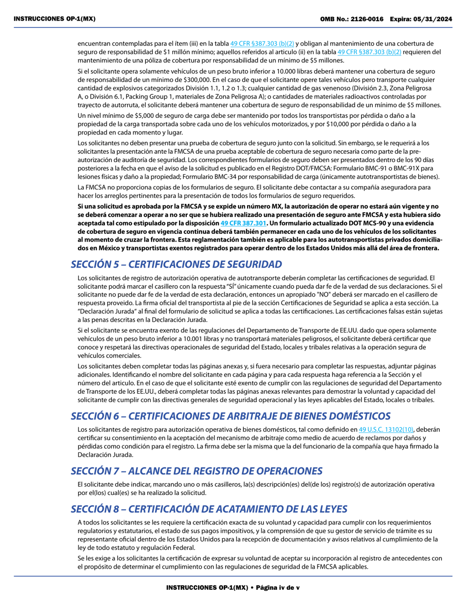 Form OP-1(MX) Application to Register Mexican Carriers for Motor Carrier Authority to Operate Beyond U.S. Municipalities and Commercial Zones on the U.S.- Mexico Border (English / Spanish), Page 4