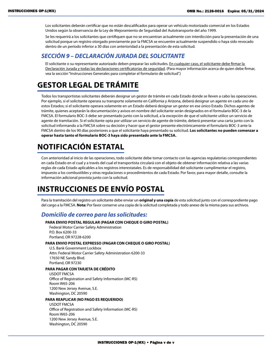 Form OP-1(MX) Application to Register Mexican Carriers for Motor Carrier Authority to Operate Beyond U.S. Municipalities and Commercial Zones on the U.S.- Mexico Border (English / Spanish), Page 5