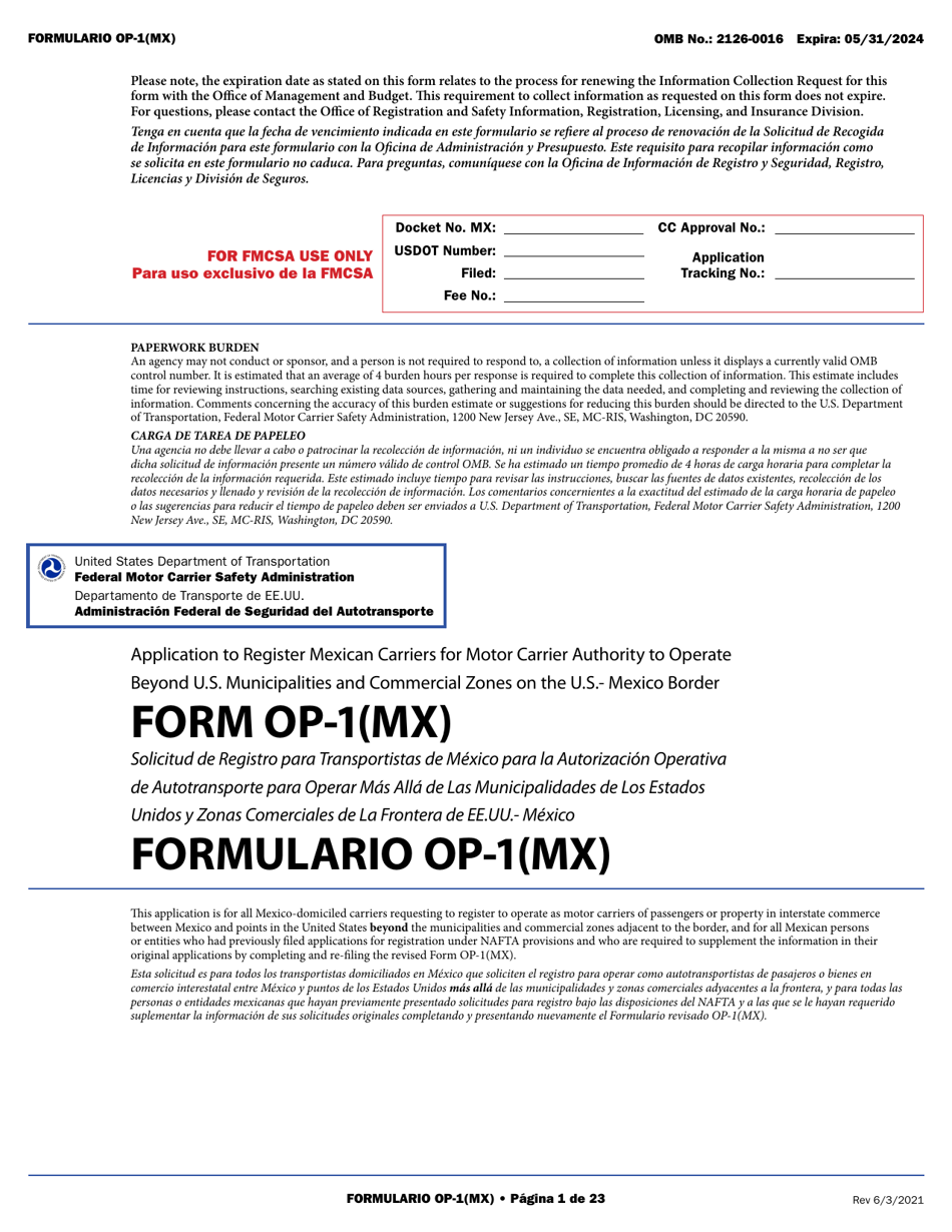 Form OP-1(MX) Application to Register Mexican Carriers for Motor Carrier Authority to Operate Beyond U.S. Municipalities and Commercial Zones on the U.S.- Mexico Border (English / Spanish), Page 6