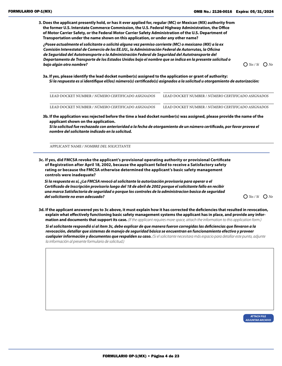 Form OP-1(MX) Application to Register Mexican Carriers for Motor Carrier Authority to Operate Beyond U.S. Municipalities and Commercial Zones on the U.S.- Mexico Border (English / Spanish), Page 9