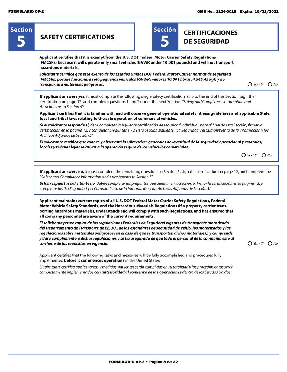 Form OP-2 Application for Mexican Certificate of Registration for Foreign Motor Carriers and Foreign Motor Private Carriers Under 49 U.s.c. 13902 (English / Spanish), Page 14