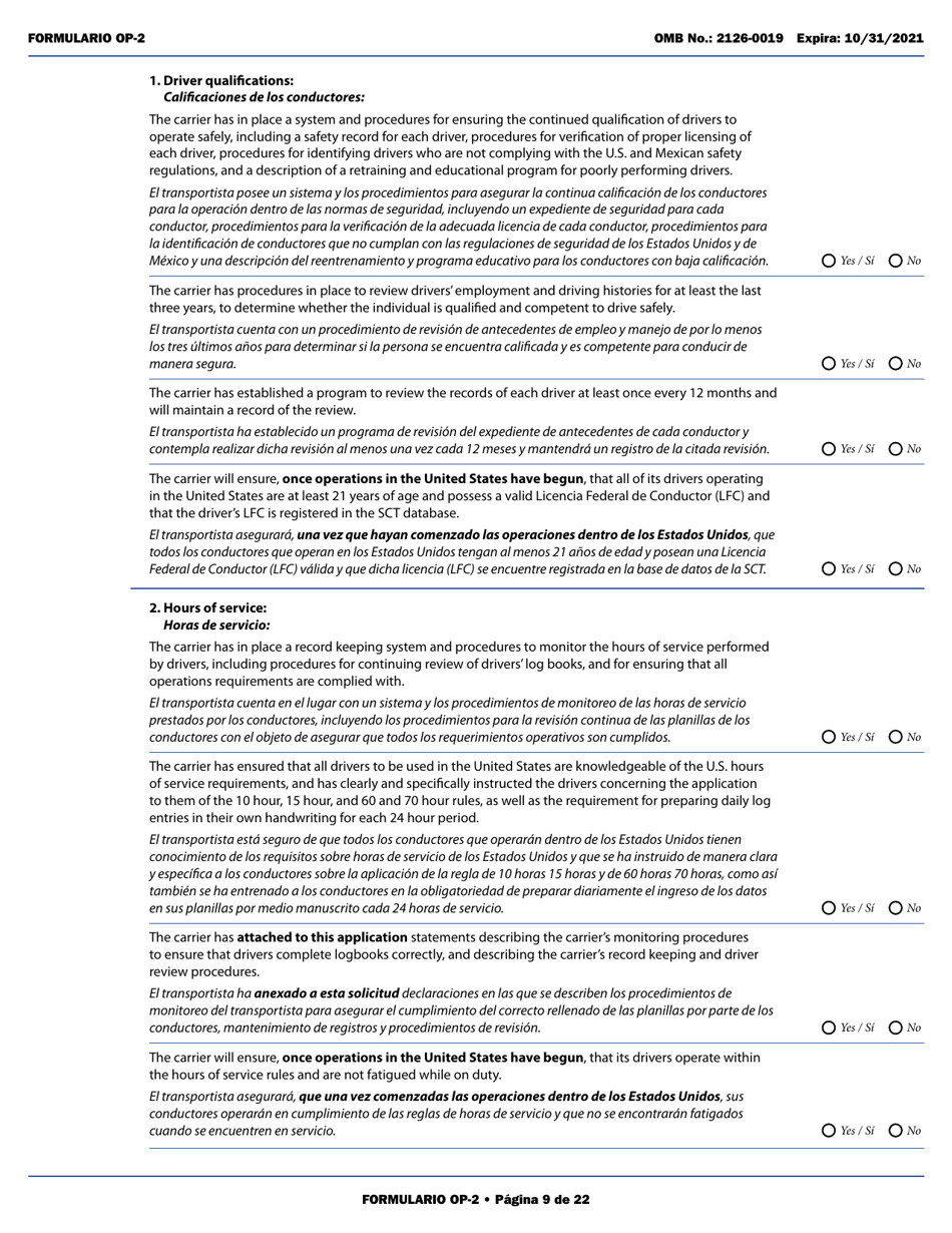 Form OP-2 Application for Mexican Certificate of Registration for Foreign Motor Carriers and Foreign Motor Private Carriers Under 49 U.s.c. 13902 (English / Spanish), Page 15