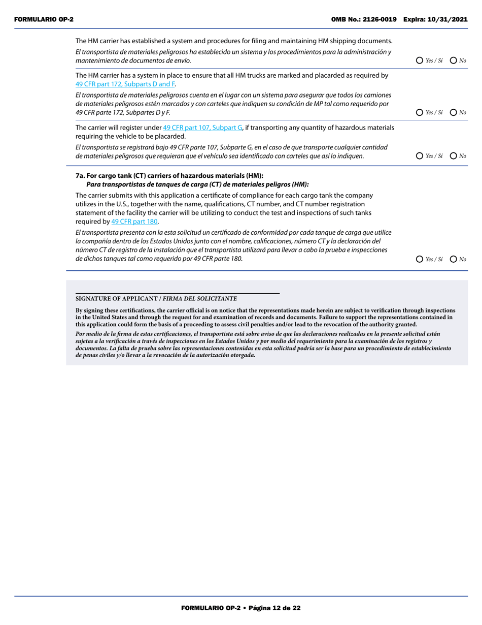 Form OP-2 Application for Mexican Certificate of Registration for Foreign Motor Carriers and Foreign Motor Private Carriers Under 49 U.s.c. 13902 (English / Spanish), Page 18