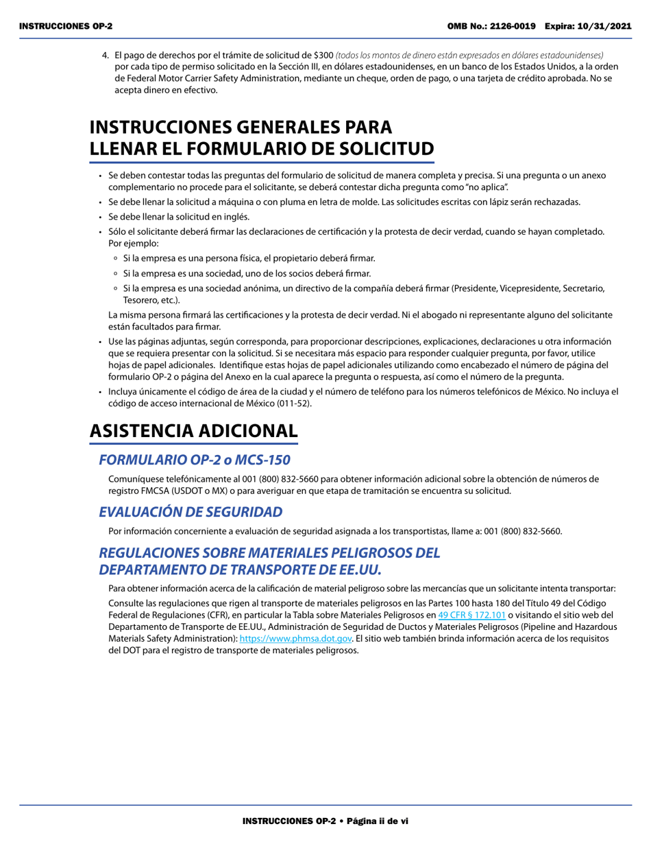 Form OP-2 Application for Mexican Certificate of Registration for Foreign Motor Carriers and Foreign Motor Private Carriers Under 49 U.s.c. 13902 (English / Spanish), Page 2