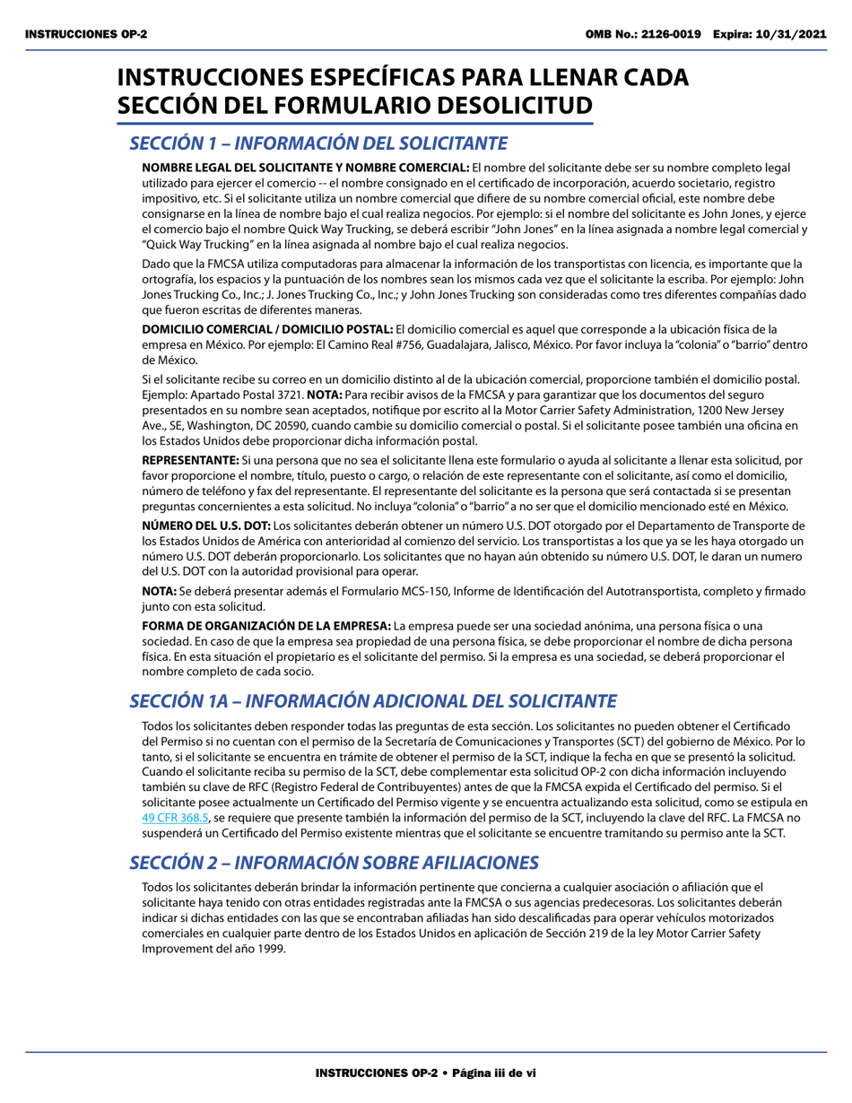 Form OP-2 Application for Mexican Certificate of Registration for Foreign Motor Carriers and Foreign Motor Private Carriers Under 49 U.s.c. 13902 (English / Spanish), Page 3