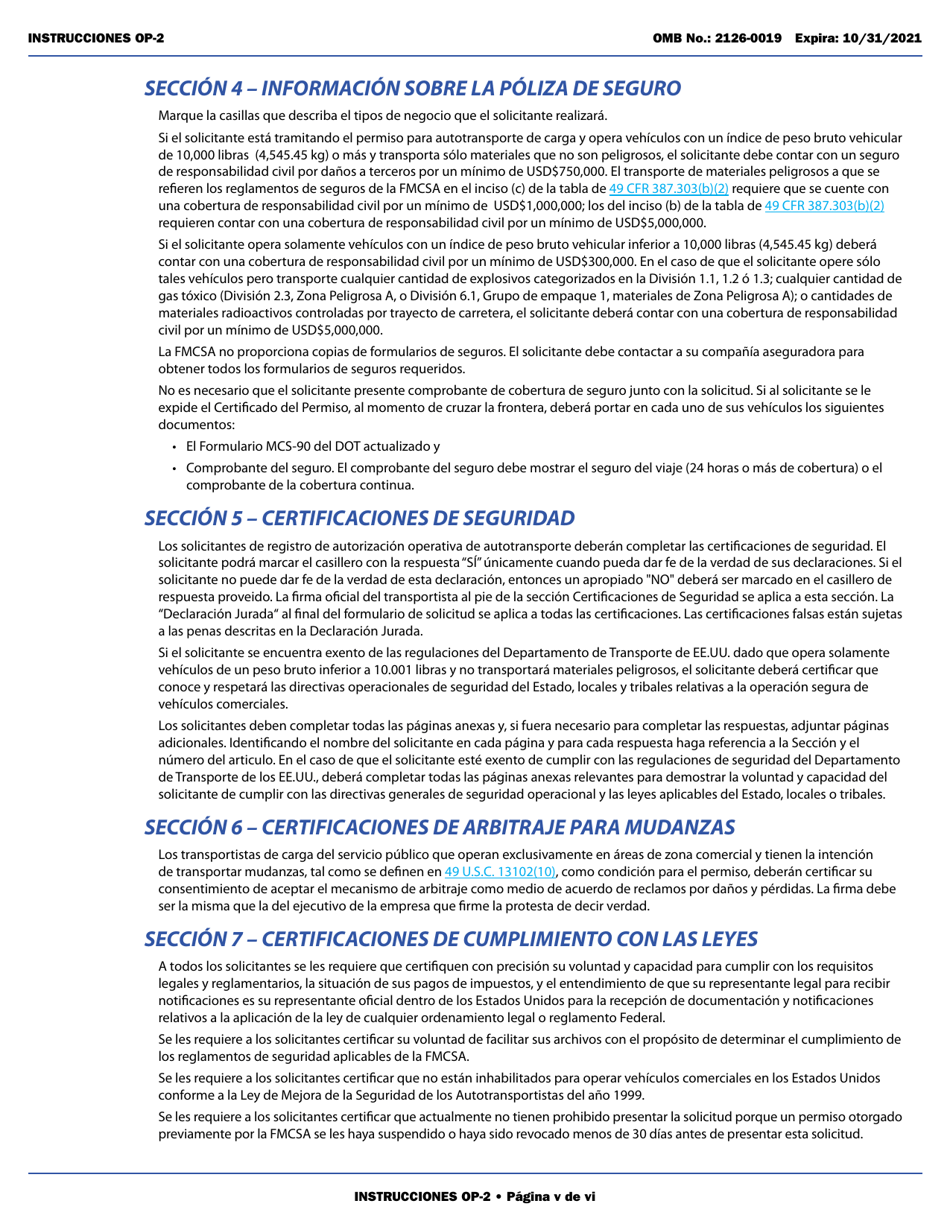 Form OP-2 Application for Mexican Certificate of Registration for Foreign Motor Carriers and Foreign Motor Private Carriers Under 49 U.s.c. 13902 (English / Spanish), Page 5
