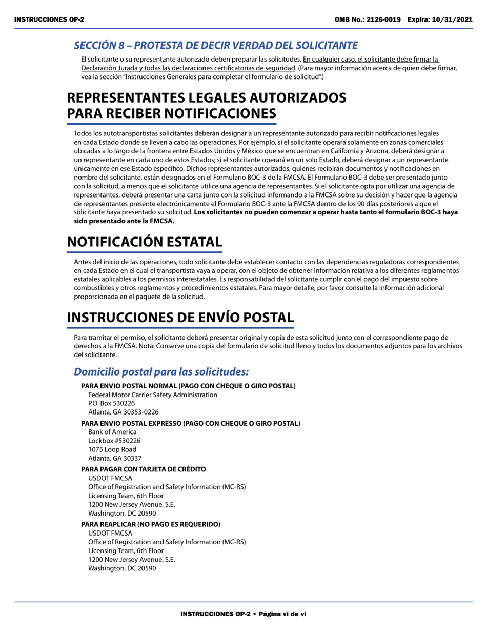 Form OP-2 Application for Mexican Certificate of Registration for Foreign Motor Carriers and Foreign Motor Private Carriers Under 49 U.s.c. 13902 (English / Spanish), Page 6