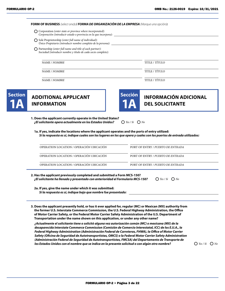 Form OP-2 Application for Mexican Certificate of Registration for Foreign Motor Carriers and Foreign Motor Private Carriers Under 49 U.s.c. 13902 (English / Spanish), Page 9