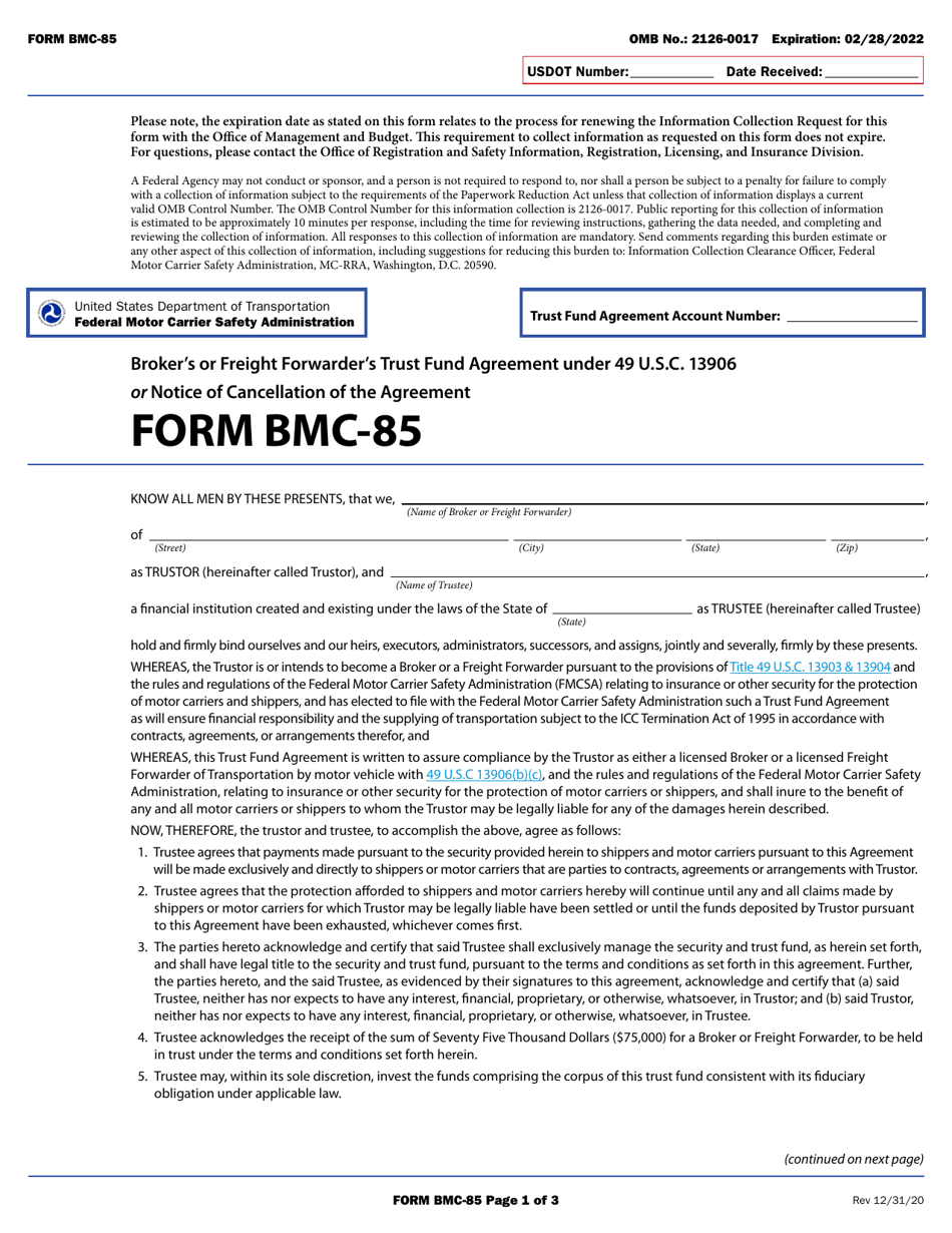 Form BMC-85 Brokers or Freight Forwarders Trust Fund Agreement Under 49 U.s.c. 13906 or Notice of Cancellation of the Agreement, Page 1