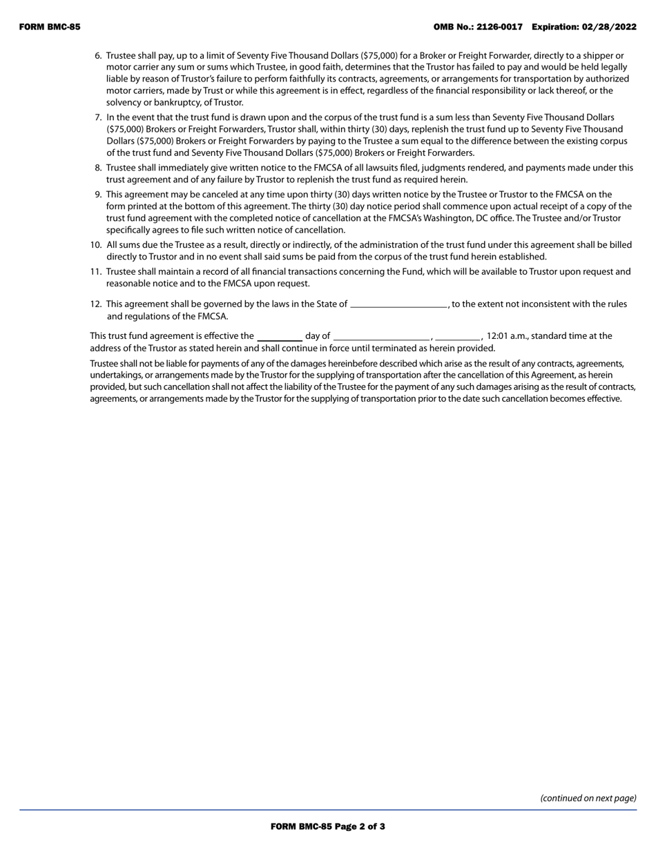 Form BMC-85 Brokers or Freight Forwarders Trust Fund Agreement Under 49 U.s.c. 13906 or Notice of Cancellation of the Agreement, Page 2