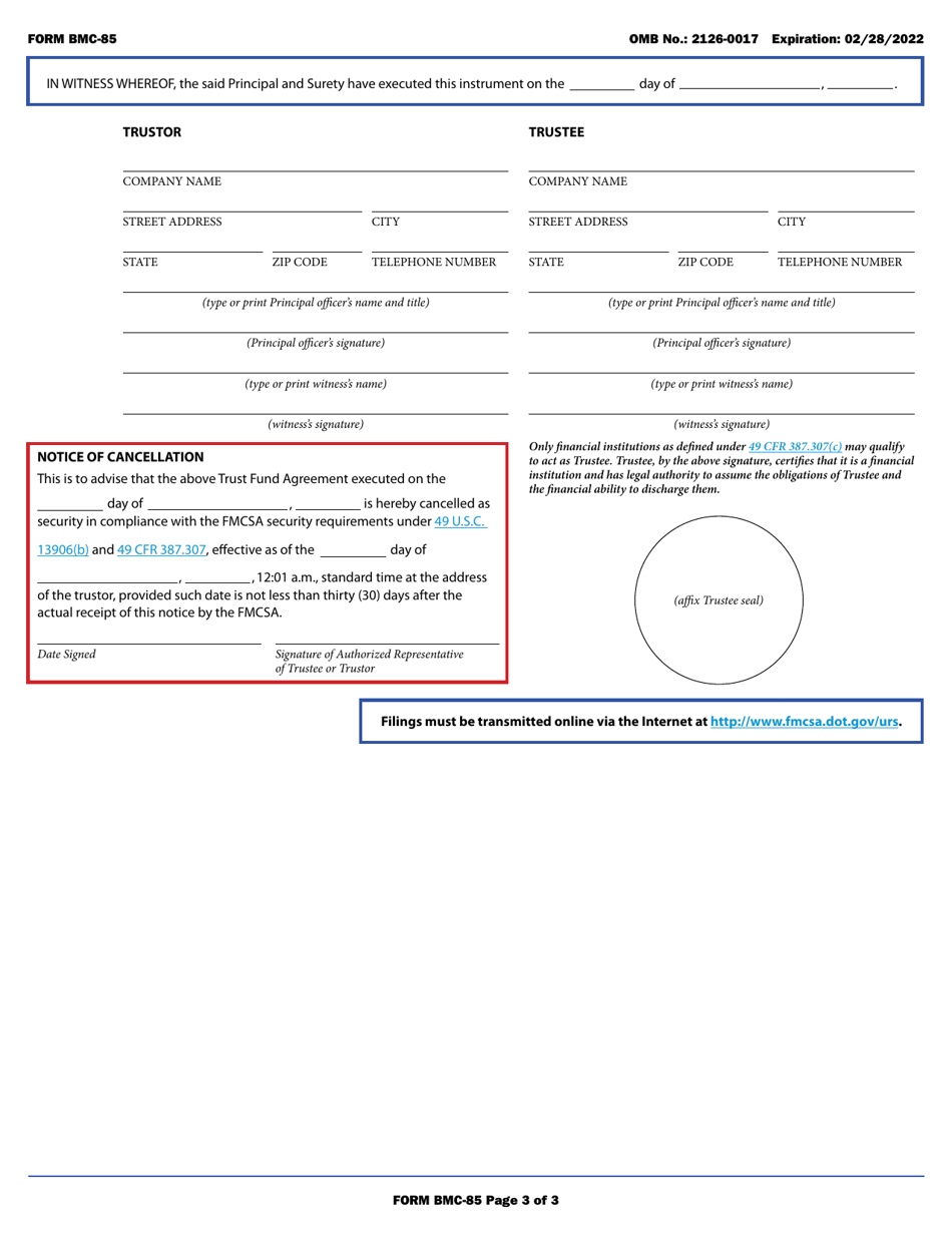 Form BMC-85 Brokers or Freight Forwarders Trust Fund Agreement Under 49 U.s.c. 13906 or Notice of Cancellation of the Agreement, Page 3