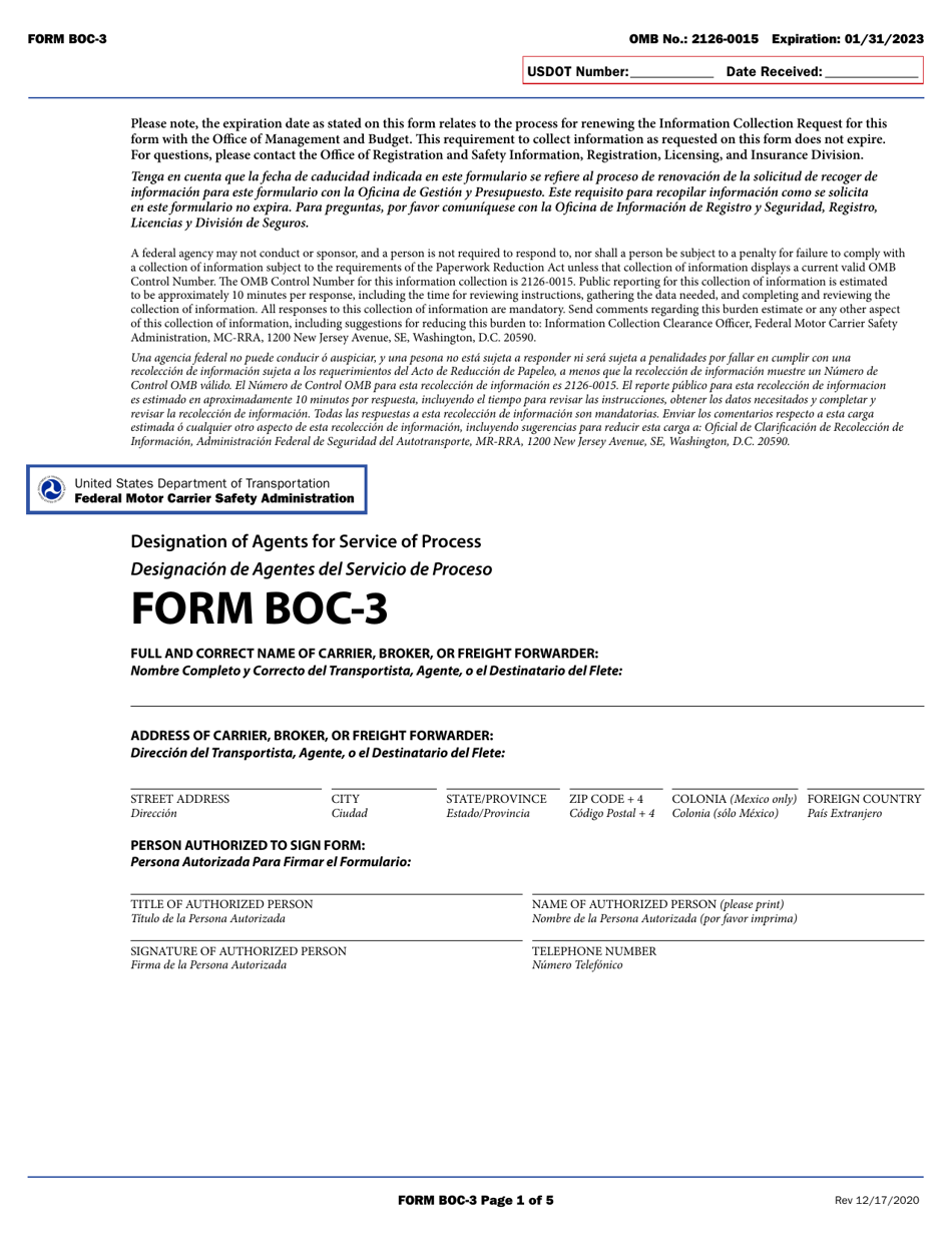 Form BOC-3 Designation of Agents for Service of Process (English / Spanish), Page 1